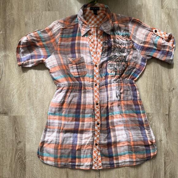 Vintage y2k Orange Plaid Button Down Peplum Top with Grunge Vibe Bling - Picture 2 of 8